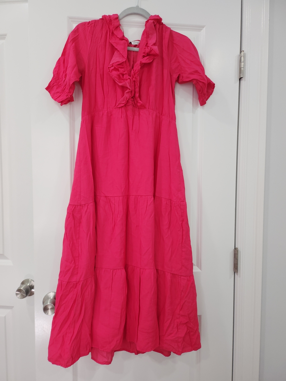 Zara Hot Pink Ruffle Tiered Midi Dress
